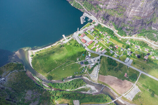 Aerial view of Lysebotn at the end of the Lysefjorden fjord in Norway