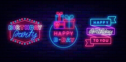 Birthday party neon signs collection. B-Day celebration. Colorful ribbon and vintage frame. Vector illustration