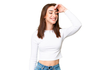 Young caucasian woman over isolated chroma key background smiling a lot