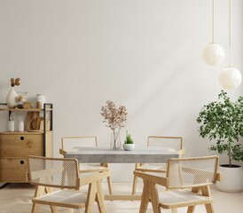 Modern dining room interior design with beige empty wall and minimal decor.