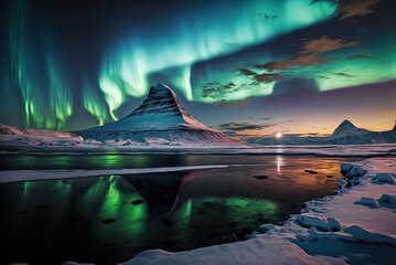 Alaska's northern lights, the aurora borealis, above Iceland's Kirkjufell Mountains in the dead of winter. Generative AI