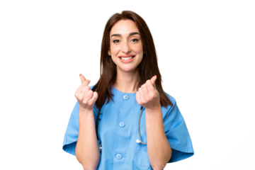 Young nurse woman over isolated chroma key background making money gesture