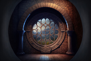 Illustration in portrait format of a fictional medieval royal chamber with an arced stone wall and a large oval window. Generative AI