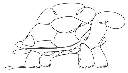 An illustration, one line art. Continuous one line drawing. A turtle walking on a white frame.