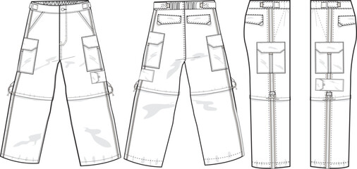 MEN AND BOYS BOTTOM WEAR CARGO PANT FRONT BACK AND BOTH SIDES VIEW FLAT DESIGN VECTOR