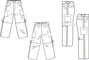 MEN AND BOYS BOTTOM WEAR CARGO PANT FRONT BACK AND BOTH SIDES VIEW FLAT DESIGN VECTOR