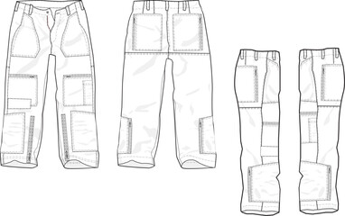 MEN AND BOYS BOTTOM WEAR CARGO PANT FRONT BACK AND BOTH SIDES VIEW FLAT DESIGN VECTOR