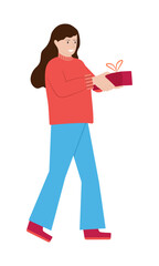 Happy young woman, Young girl with a gift, Character with New Year's gift