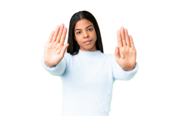 Young African American woman over isolated chroma key background making stop gesture and disappointed