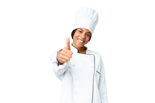 Young African American chef over isolated chroma key background with thumbs up because something good has happened