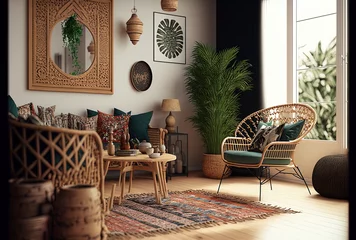 Fotobehang Boho een gezellige woonkamer met een boho etnisch interieur. Appartement met rotanmeubels, salontafel van bamboe, tapijt op hardhouten vloer en fauteuil met kussens. Generatieve AI