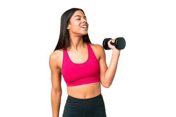 Young African American woman sport woman making weightlifting over isolated chroma key background laughing