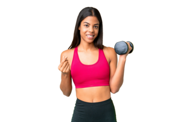 Young African American woman sport woman making weightlifting over isolated chroma key background making money gesture