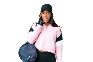 Young sport African American woman with sport bag over isolated chroma key background with surprise and shocked facial expression