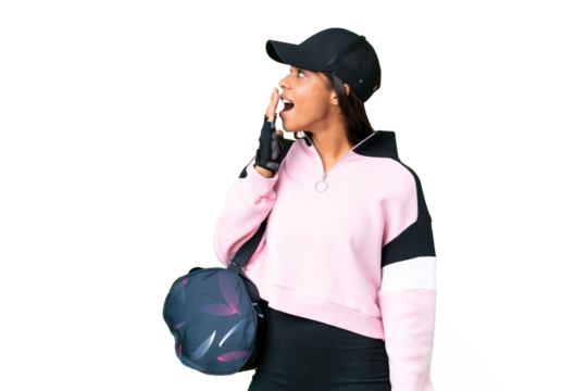 Young sport African American woman with sport bag over isolated chroma key background yawning and covering wide open mouth with hand