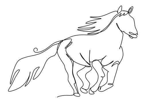 An illustration, one line art. Continuous one line drawing. A white horse illustration on white background