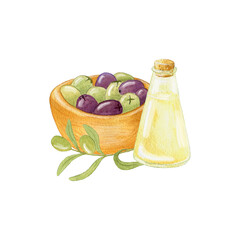 Olives. Green and Purple Olives in a Wooden Bowl and Olive Branhc. Illustration Isolated on White Background. Hand Drawing. Bottle of Olive Oil.