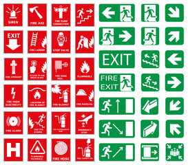 Fire safety icon set. Collection of fire danger signs and equipment.