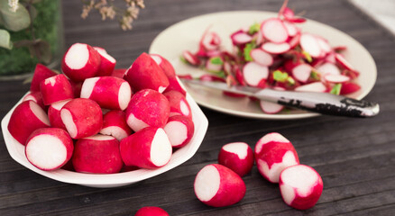 cooked crispy radish in white bowl on wooden table