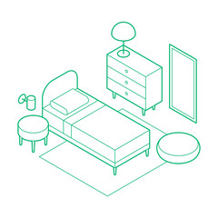 Isometric Bedroom Outline Illustration