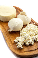 Assorted cheeses on a board 