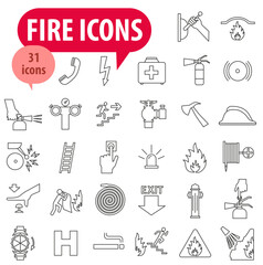 Fire and firefighting, icon set. fire prevention and elimination, linear icons.