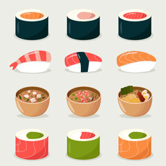 Set of japanese food - sushi rolls, nigiri, soups. Asian foos in flat style. 
