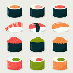 Set of japanese food - sushi rolls, nigiri, gunkan sushi. Asian food in flat style. 