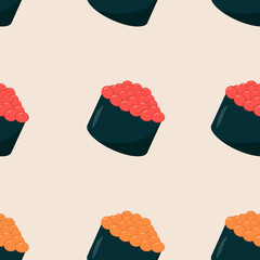 Seamless pattern with gunkan sushi with cavia. Asian food in flat style.