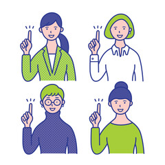指差しポーズの20代〜40代女性の上半身イラスト素材【セット】