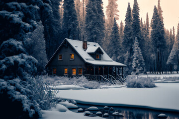 A house in winter at day. Generative AI