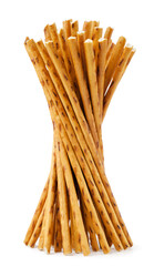 Pretzel sticks stand on a white. Isolated