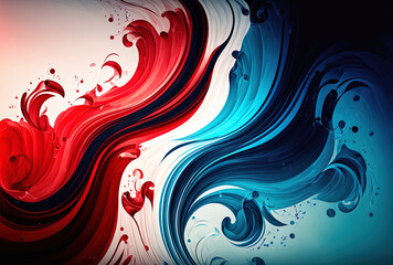 Abstract mixed media red and blue waves backdrop. Generative AI