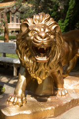 Detail of a beautiful golden lion statue with an open mouth