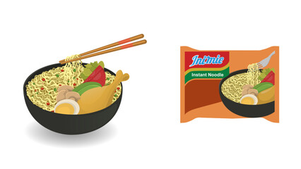 Cartoon vector illustration of Indonesian Popular Instant Noodle. Served with Sunny Side Egg, Tomato, Cucumber, and chilli.