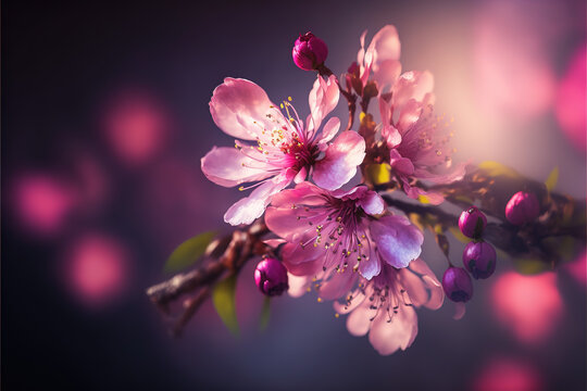 pink spring background pink apple blossom flowers on branch close up with blurred background. Copy space