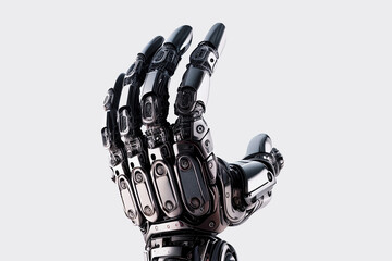 Metallic robot hand with fingers on a white background. Prosthesis and artificial intelligence. 3D illustration. Machines