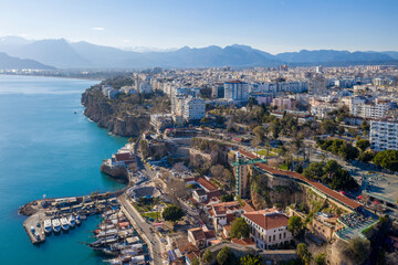  Aerial view of Antalya and marina in Old Town (Kaleichi) on sunny winter day.. Turkey.