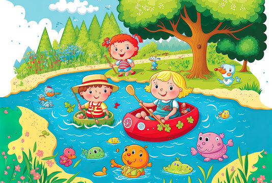 Warm stream in spring. Children's water activities that are amusing. Image in format. Identify all 10 elements in the image. Generative AI