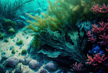 Fototapeta na wymiar Seaweed at the ocean's bottom, corals, stones, and azure water. Generative AI