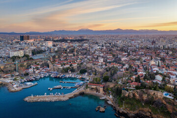Fototapeta premium Aerial view of marina and Old Town (Kaleichi) at sunrise, Turkey.