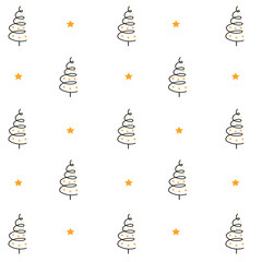 Christmas tree with decoration, stars. New year elegant decor. Winter holiday. Greeting card design. Vector line art, doodle illustration.