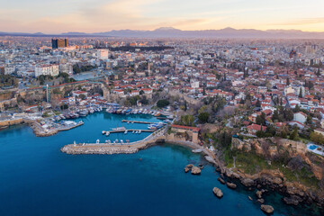 Aerial view of Old Town marina at sunrise. Antalya, Turkey.