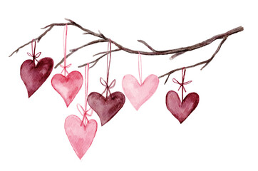 Hearts on Branch in Pink and Red, Watercolor Element Clip Art for Valentines Day and Wedding Graphic Designs - 554663313