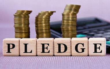 PLEDGE - word on wooden cubes on the background of coins and calculator