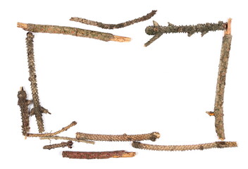 Frame of fir branches, border isolated on white, top view 