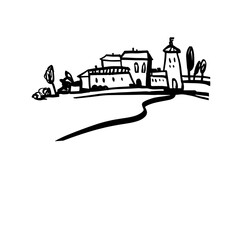 Rustic landscape. Simple black and white illustration