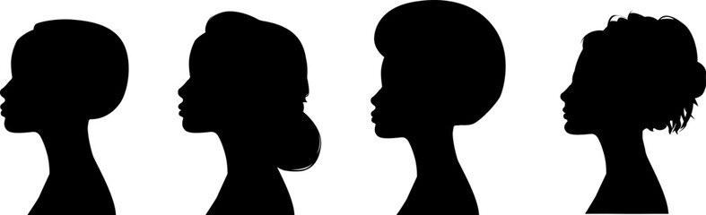 a sign of several female silhouettes in profile. vector on isolated background. turn. number. diversity young women for poster or text. elegant background as well.