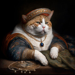 Obraz premium Paintings of an arrogant wealthy richt fat cat, made with Generative AI 
