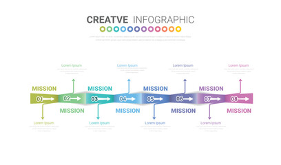 Abstract business rounded infographic template with 8 options. Colorful diagram, timeline and schedule isolated on light background.